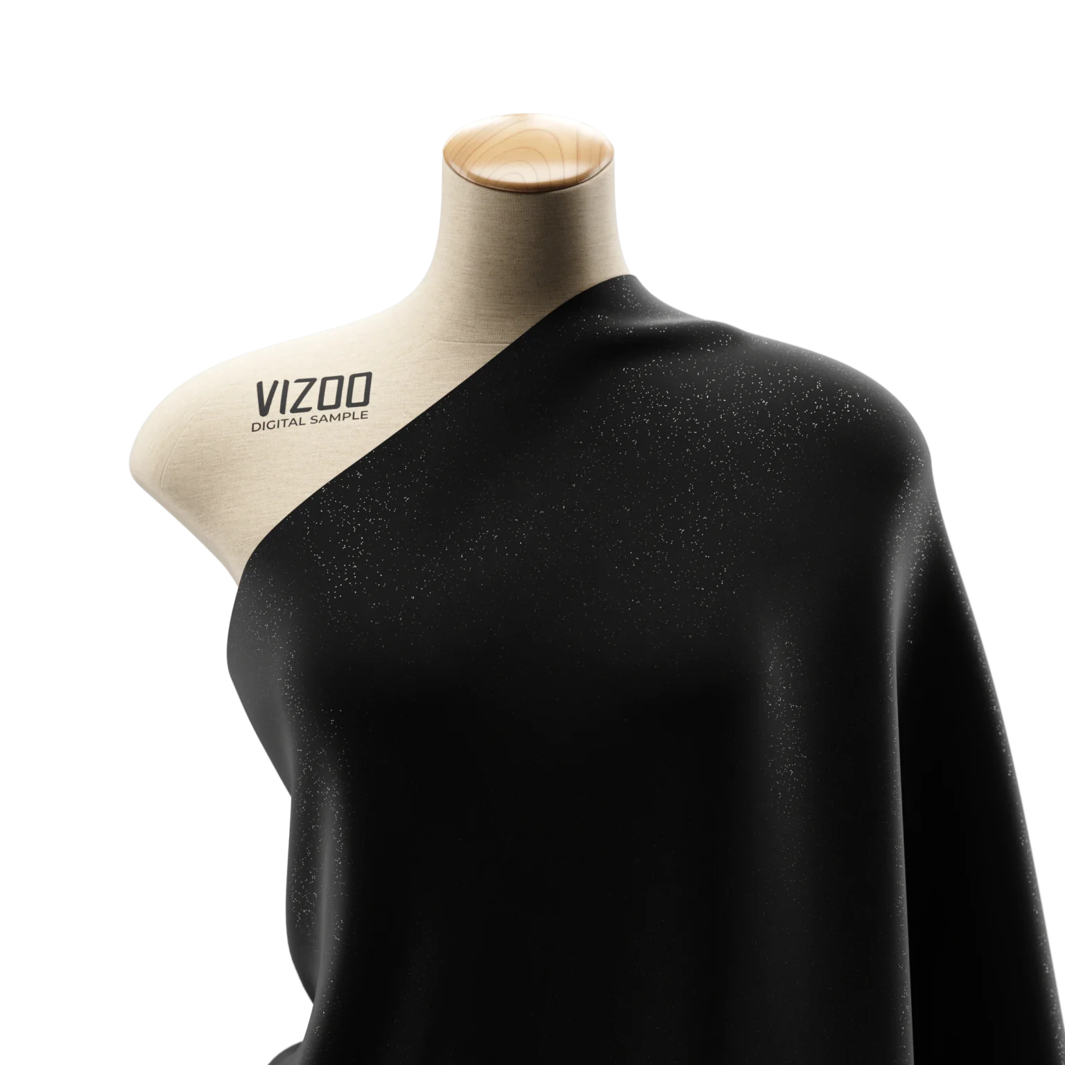 A Vizoo dress form draped in black fabric.